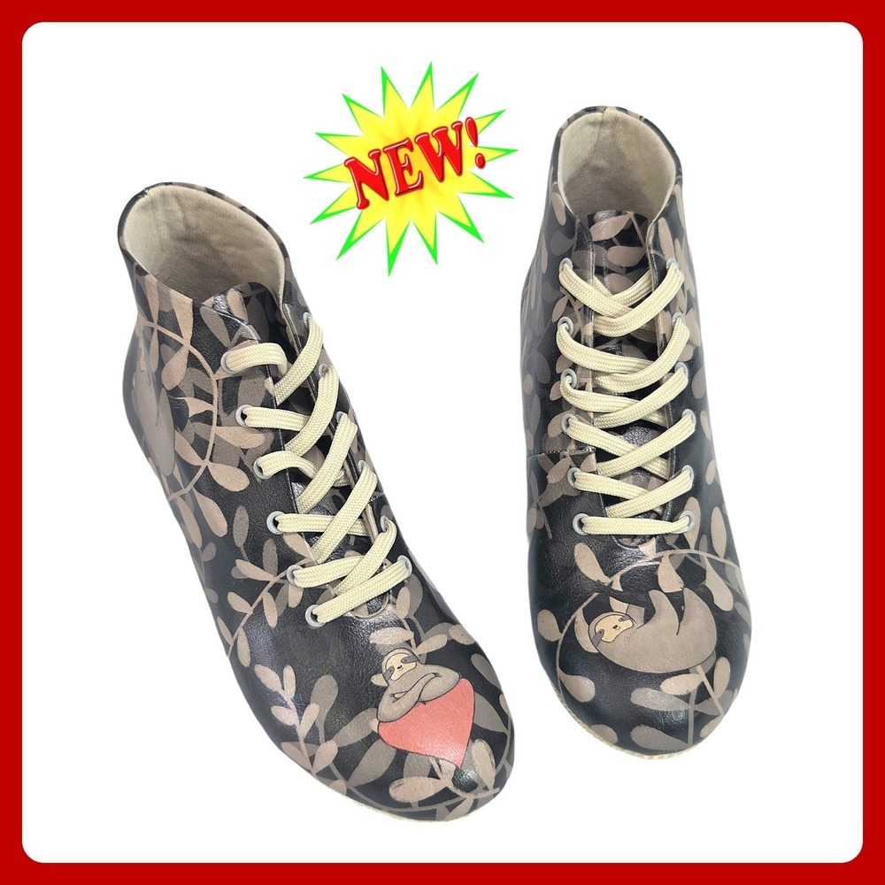 DOGO Women Sloth Print Ankle Boots EU 39 US 8.5 Vegan Leather Lace Up New Shoes